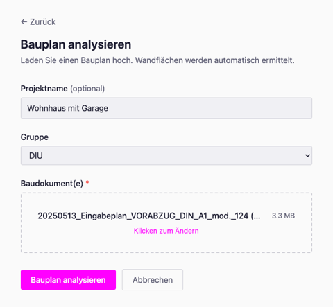 Upload-Maske der KI-Mengenermittlung — Bauplan-PDF hochladen